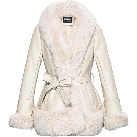 Women's Apricot Gran Oriente Faux Leather Winter Coat Fur Collar Belted Design - Picture 1 of 5